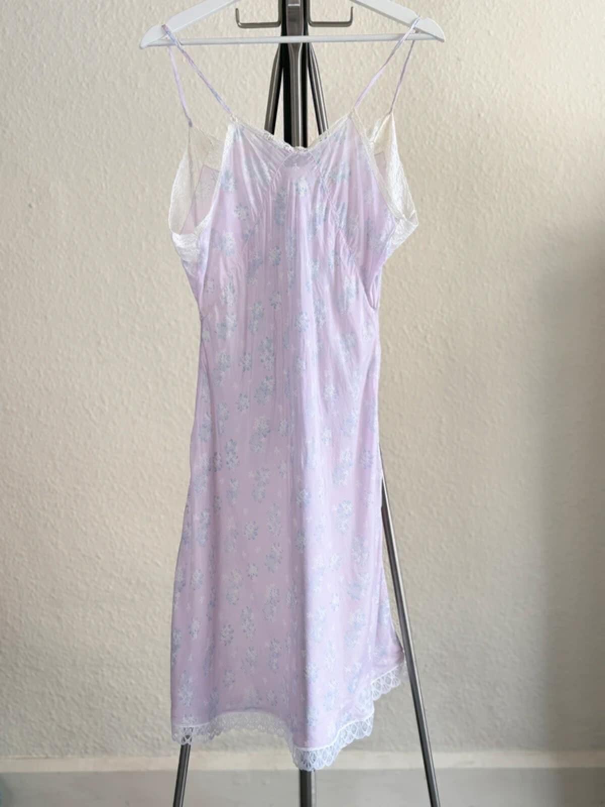 Y2K Lilac Silky Babydoll Slip Dress Floral Lace Medium