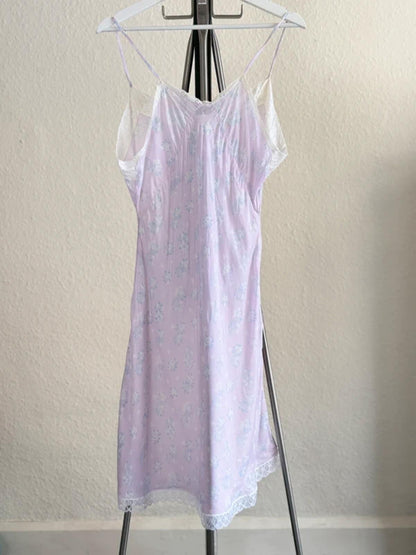 Y2K Lilac Silky Babydoll Slip Dress Floral Lace Medium