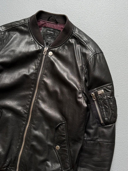 Diesel Black Leather Bomber Jacket Medium Men’s