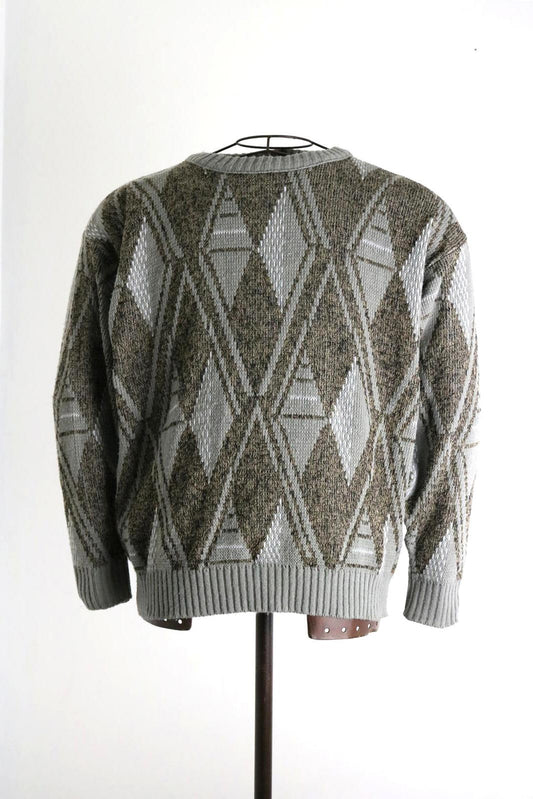 80s Vintage Geometric Funky Pattern Knit Sweater XL Grunge Earth Colours