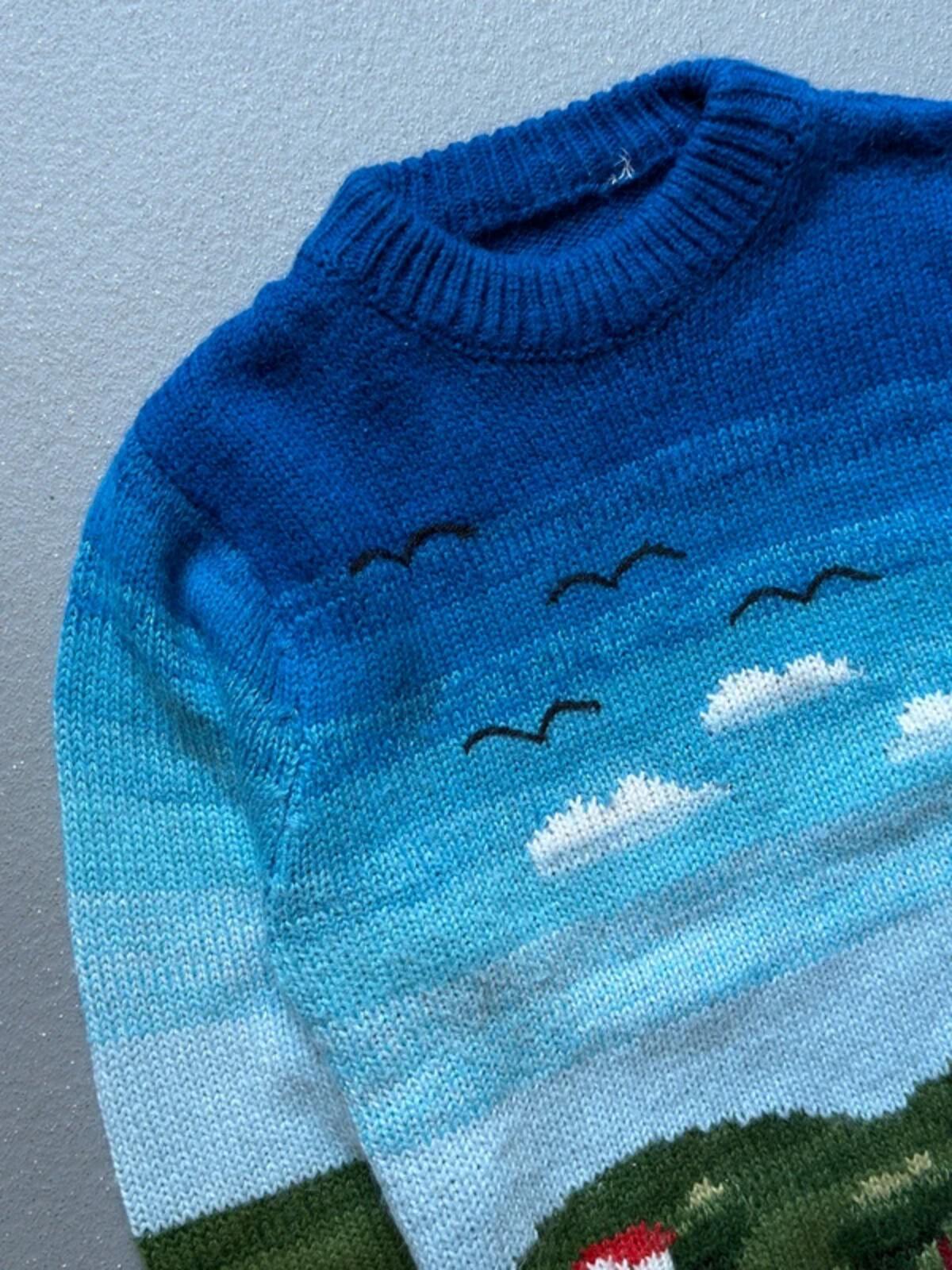 Vintage Sea Country Scene Hand Knit Sweater Small Ladies