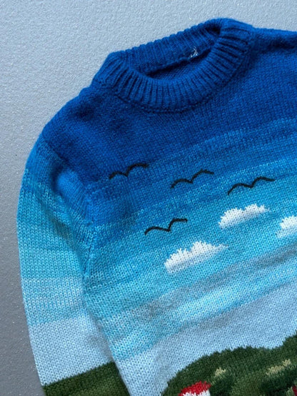 Vintage Sea Country Scene Hand Knit Sweater Small Ladies