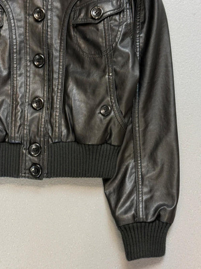 Funnel Neck Leather Jacket Medium Y2K Cropped Black