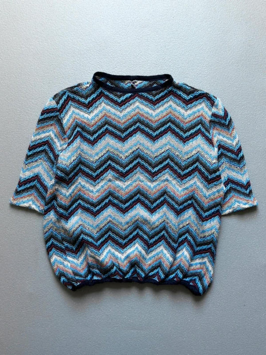 Vintage 70s Hand Knit Zig Zag Print Sweater XL