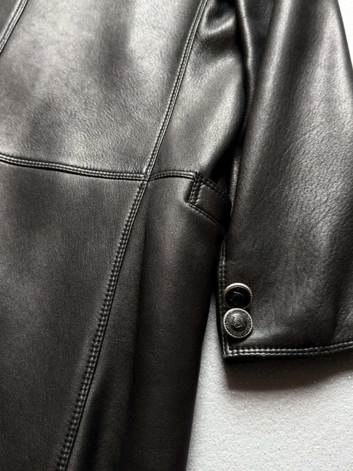 Gianni Versace 90s Vintage Black Leather Long Coat Medium Mens