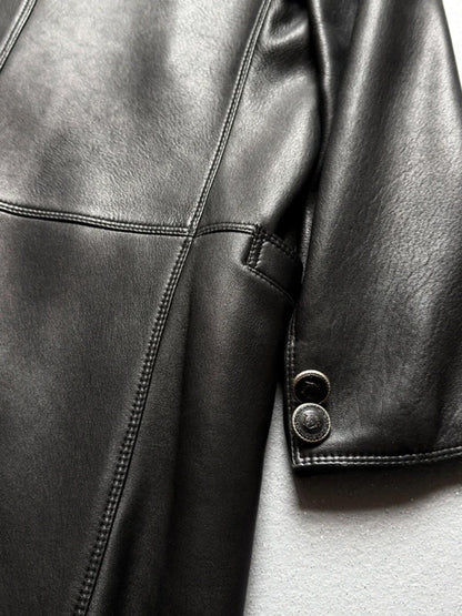 Gianni Versace 90s Vintage Black Leather Long Coat Medium Mens