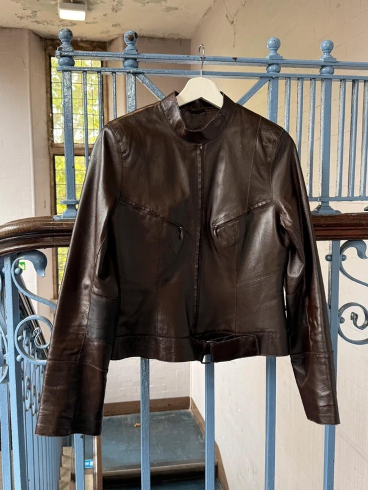 Y2K Brown Leather Biker Jacket Size 10