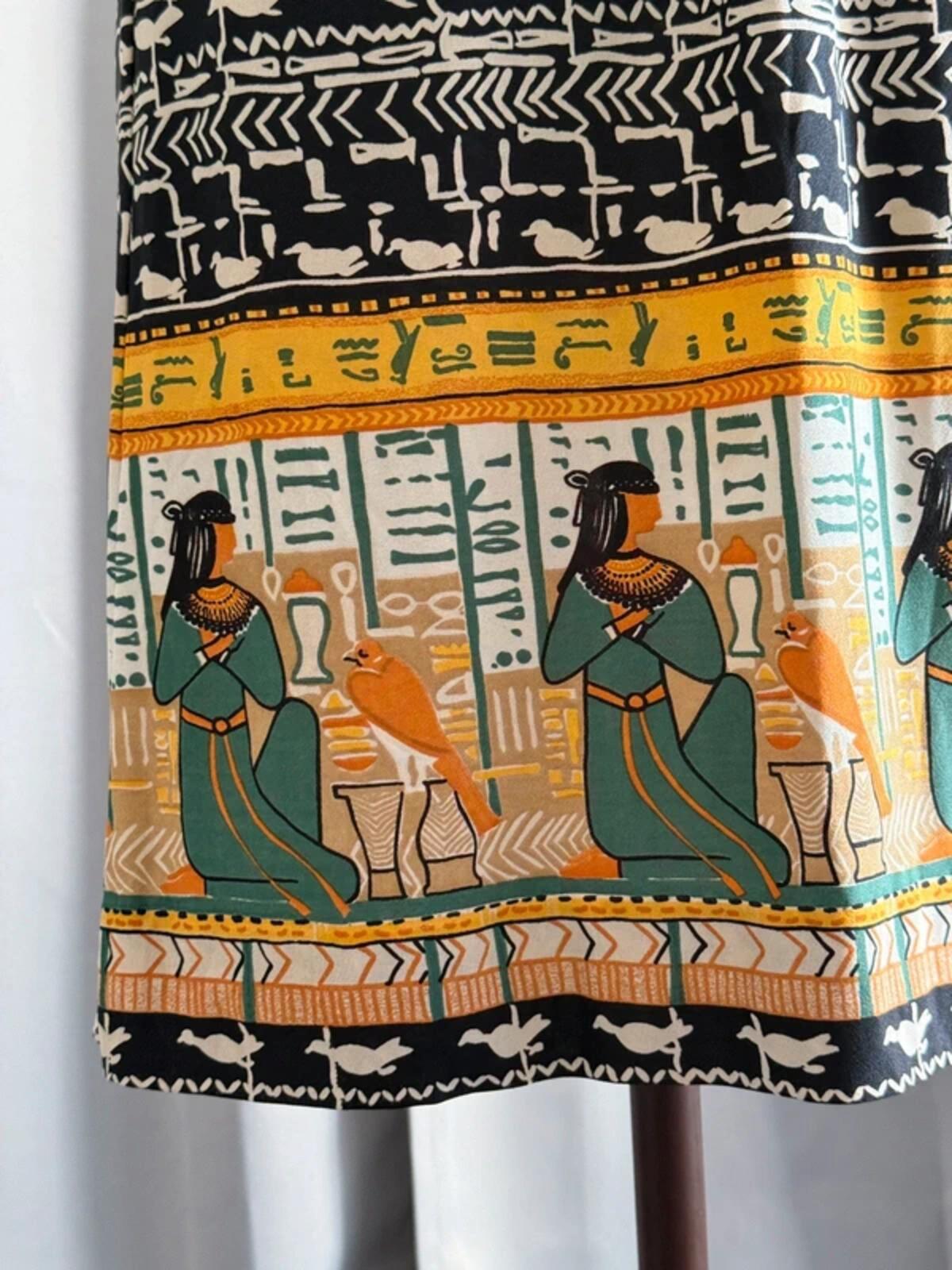 1960s Janine Robin Egyptian Hieroglyphics Print Strap Dress Size 8