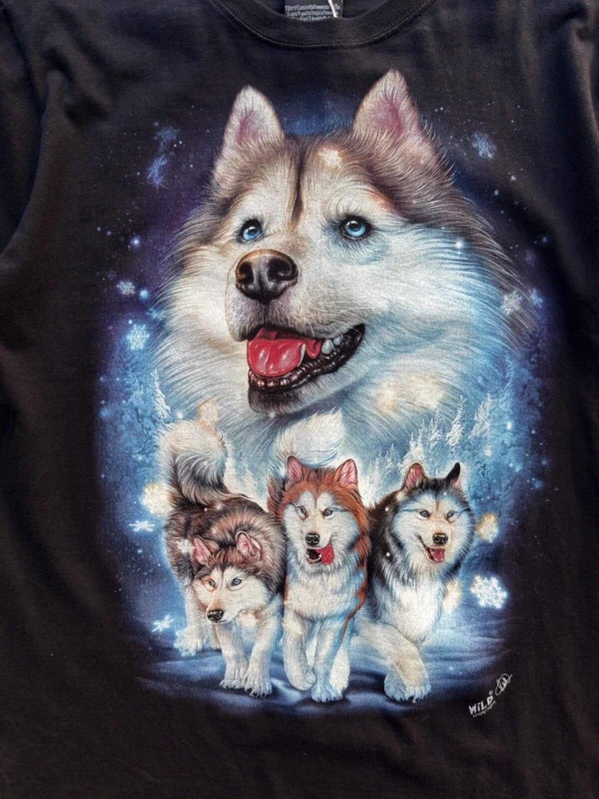 Vintage Wolf Husky Print T Shirt Large