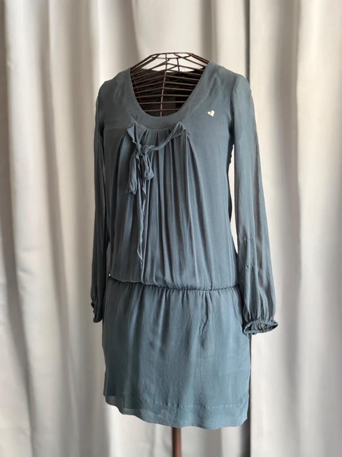 Gaudi 100% Silk Blue Grey Long Sleeve Mini Dress Tie Front Boho Casual Size 14