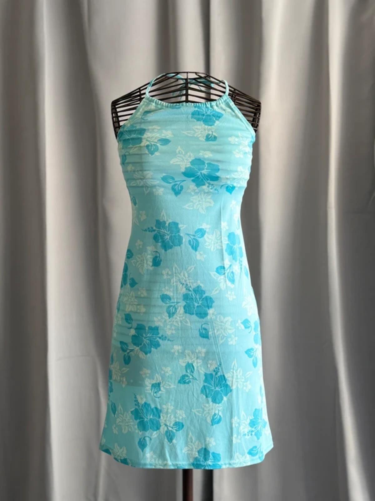Y2K Blue Hawaiian Floral Halterneck Mini Dress Tropical Summer Beach XS