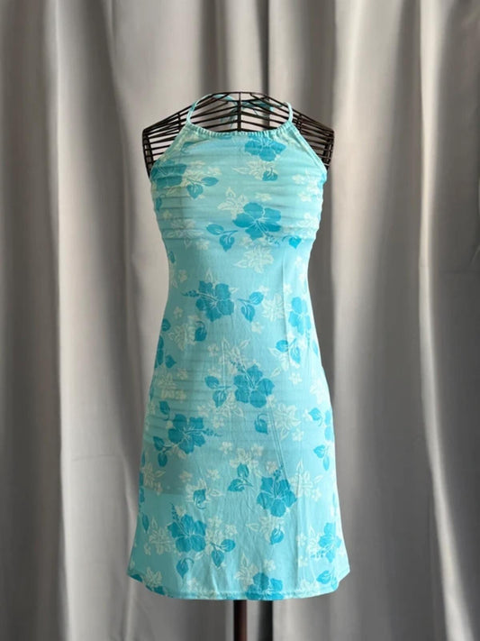 Y2K Blue Hawaiian Floral Halterneck Mini Dress Tropical Summer Beach XS