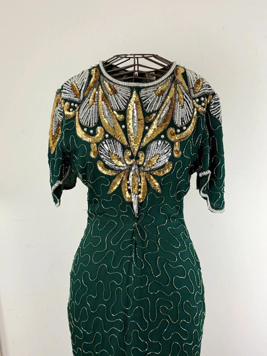 Denise Elle Vintage 80s Green Silk Sequins Bead Prom Party Formal Dress Size S / M