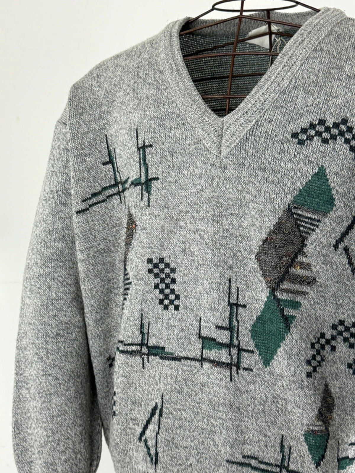 Geometric 80s V Neck Knit Jumper XL Boxy Fit