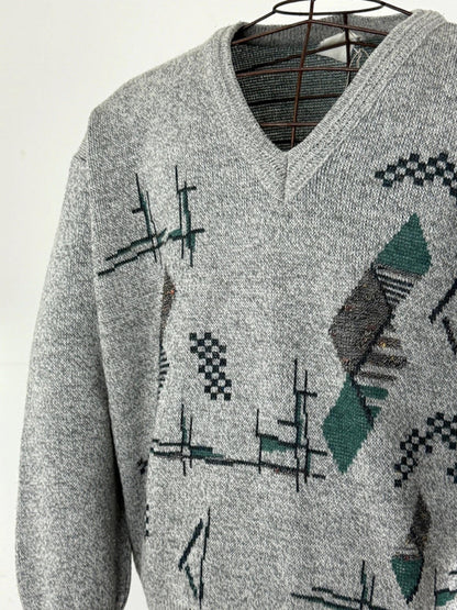 Geometric 80s V Neck Knit Jumper XL Boxy Fit