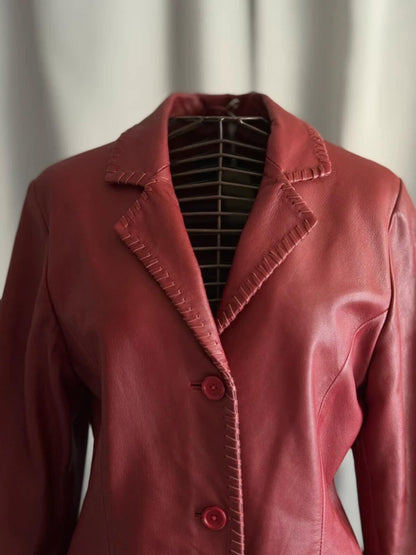 Vintage 80s Red Leather Jacket Ladies Medium Lapels