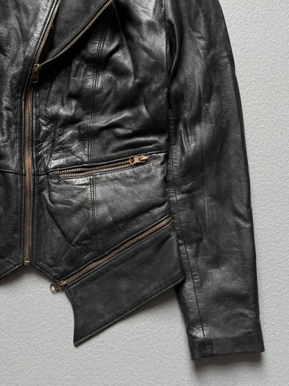 1980s Asymmetrical Black Leather Biker Jacket Small