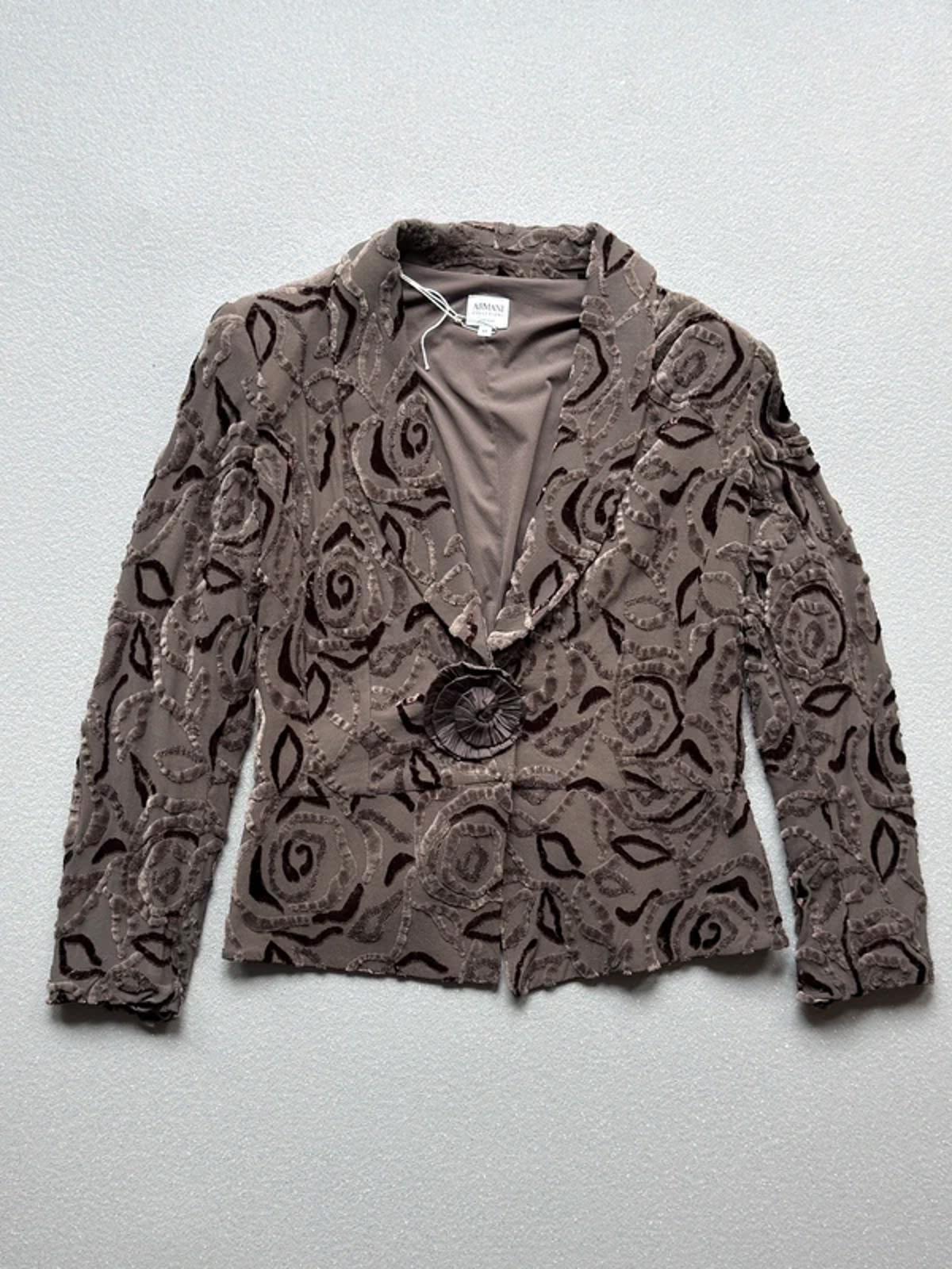 Armani Textured Floral Blazer Taupe Velvet Detail Jacket