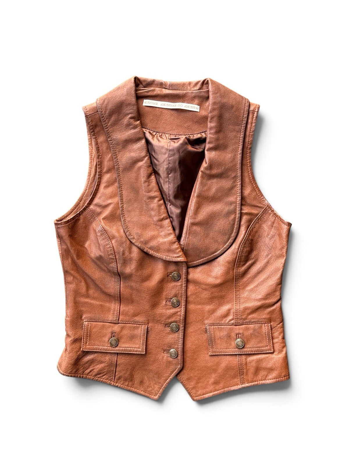 Gestuz Women’s Brown Genuine Leather Waistcoat Vest Boho Western Size Small