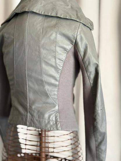 Y2K Grey Funnel Neck Leather Jacket XS Cropped