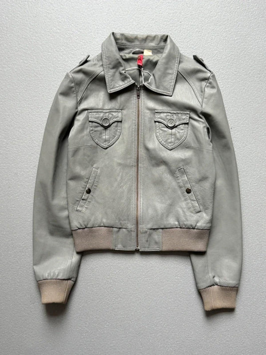 Y2K Grey H&M Cropped Leather Jacket Size 8