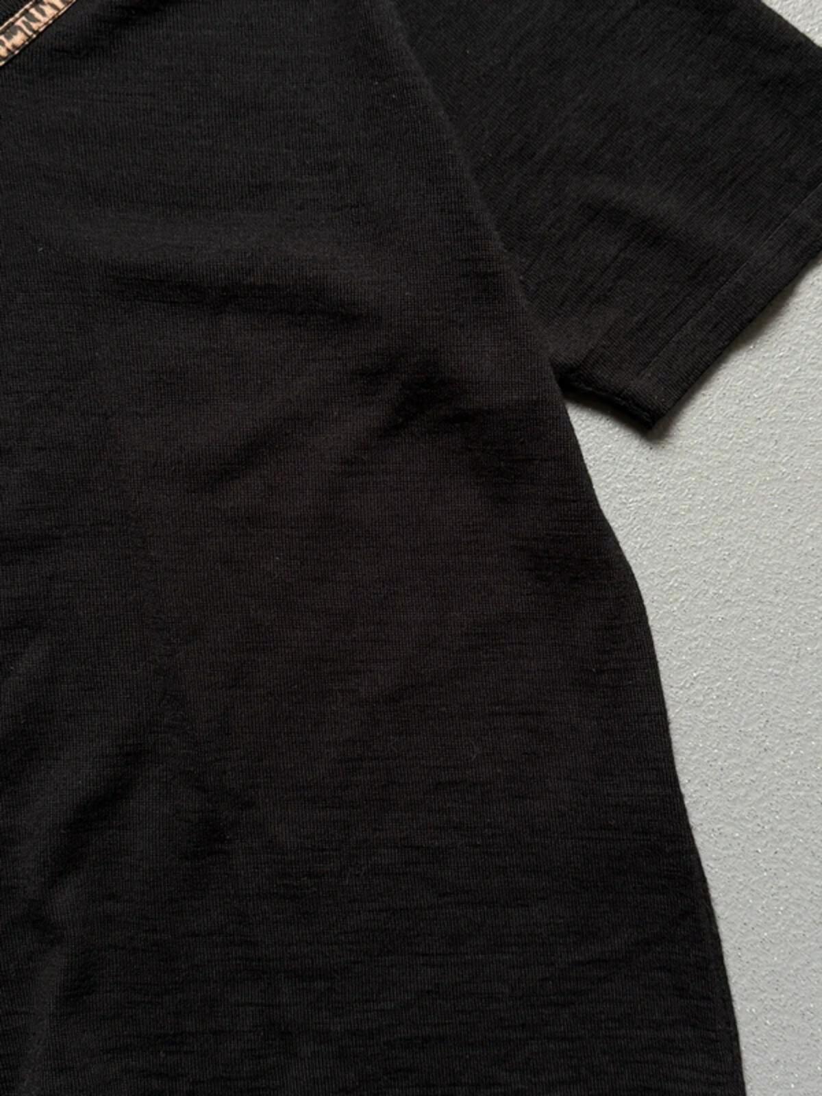Carla Ferroni Black V-Neck Top Leopard Trim Detail Merino Wool Size XL Made in Italy