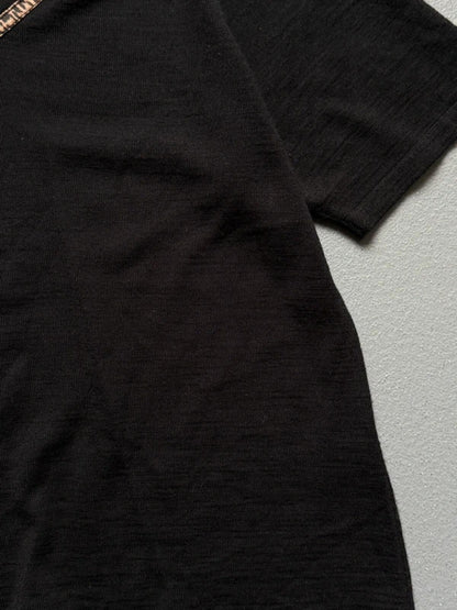 Carla Ferroni Black V-Neck Top Leopard Trim Detail Merino Wool Size XL Made in Italy
