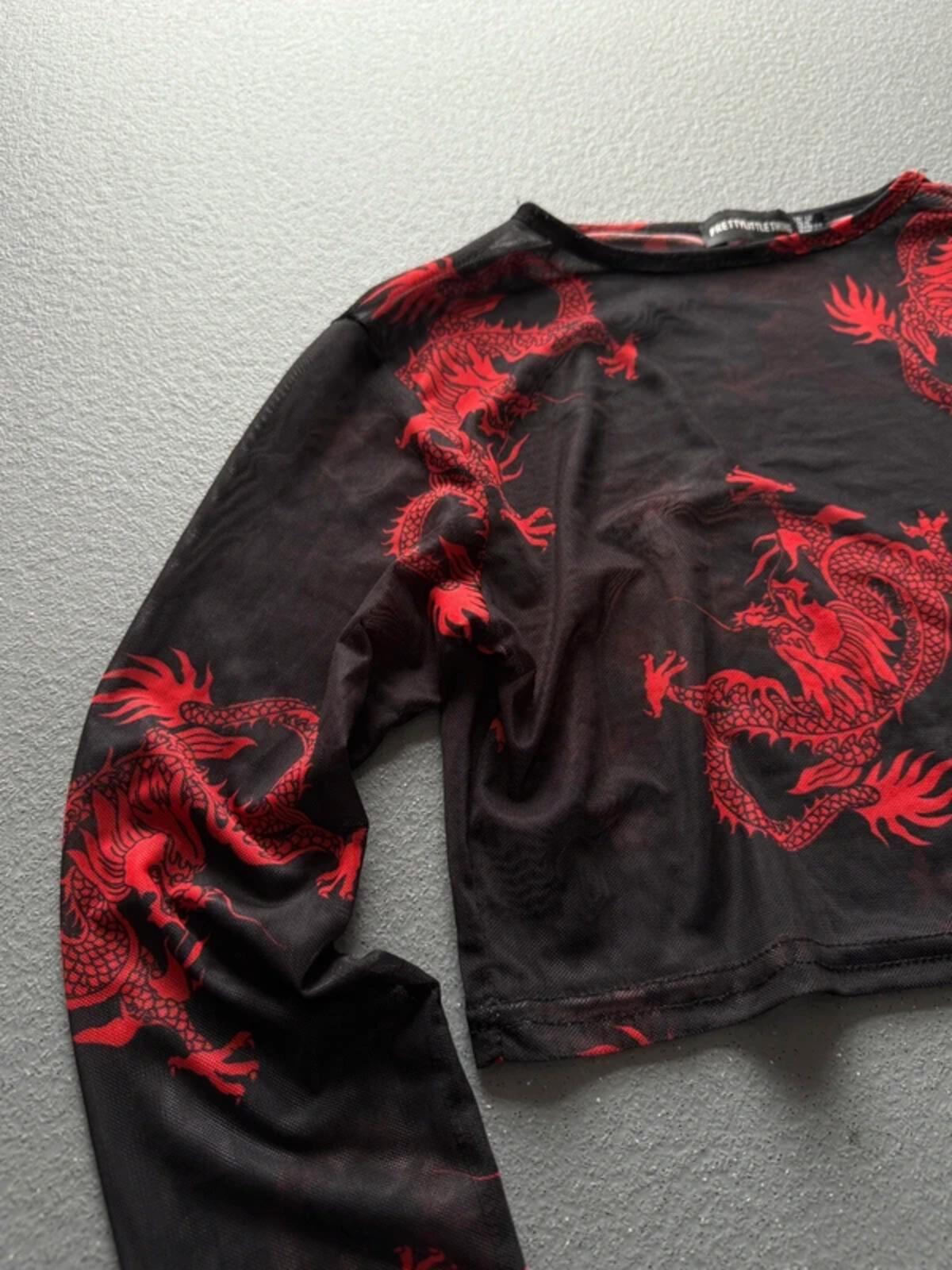 Mesh Dragon Print Crop Top Long Sleeve Size 12