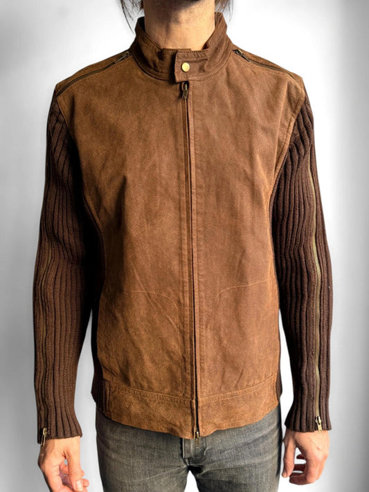Y2K Real Leather Suede Biker Jacket with Cable Sleeves and Zips Medium