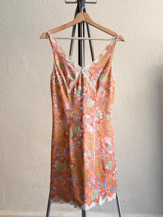 Vintage 70s Floral Lace Slip Dress Size 8