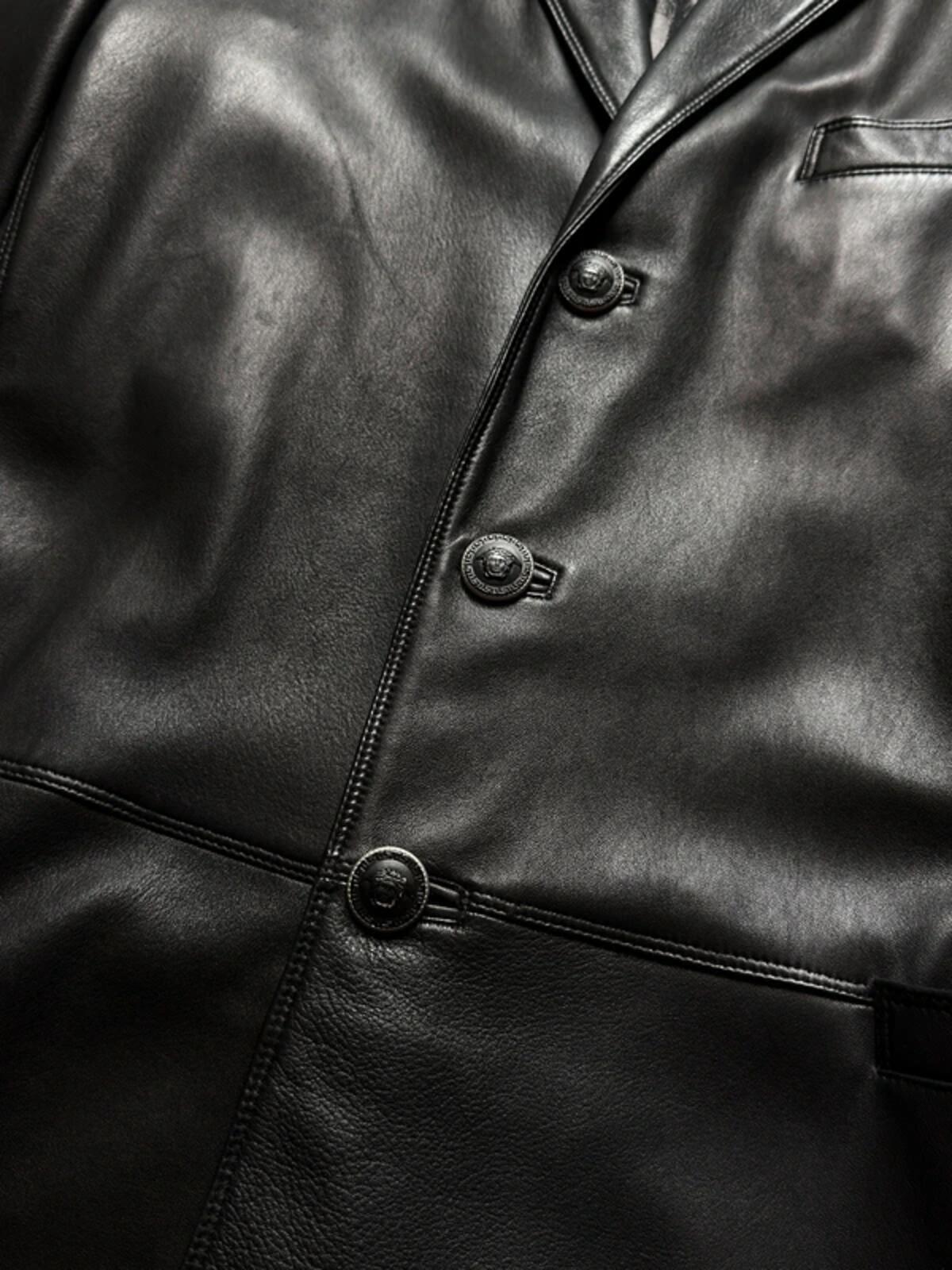 Gianni Versace 90s Vintage Black Leather Long Coat Medium Mens