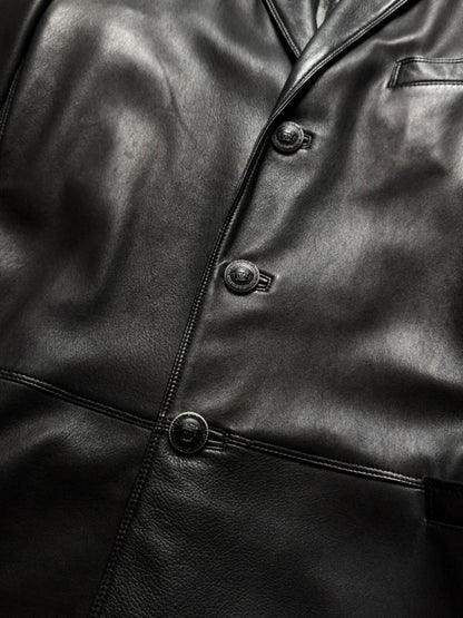 Gianni Versace 90s Vintage Black Leather Long Coat Medium Mens
