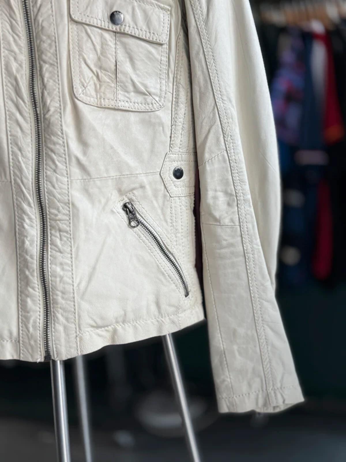 Y2K Cream Leather Bomber Biker Jacket Large