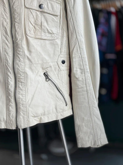 Y2K Cream Leather Bomber Biker Jacket Large