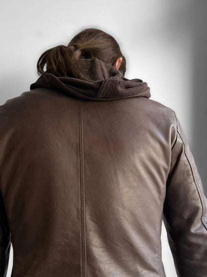 Armani Brown Leather Ladies Hooded Jacket Size 10