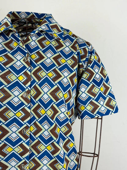 1970s Style Vintage Poly Mosaic Pattern Shirt Large