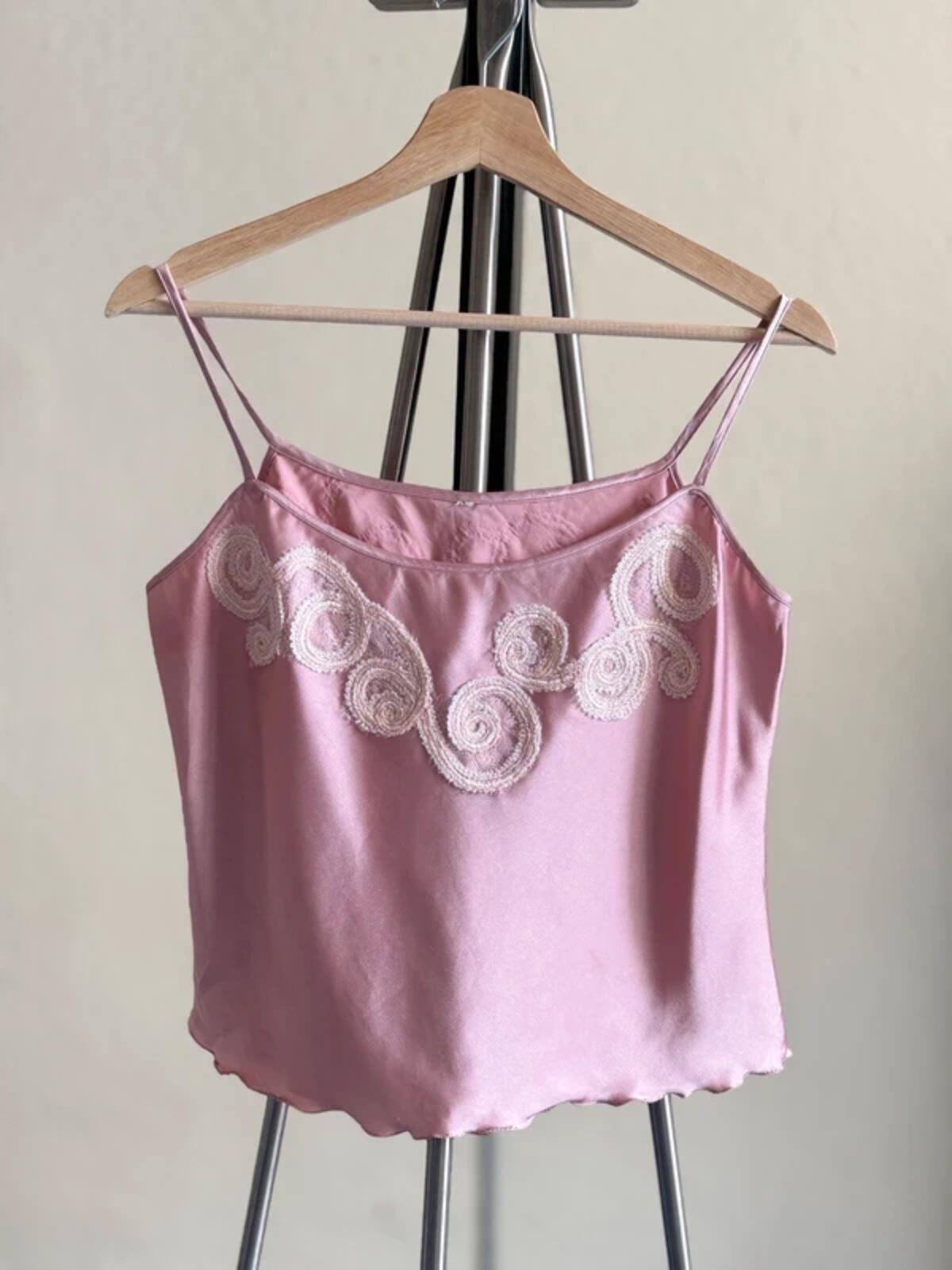 Y2K Silk Cropped Cami Top Pink Lace Embroidery Medium