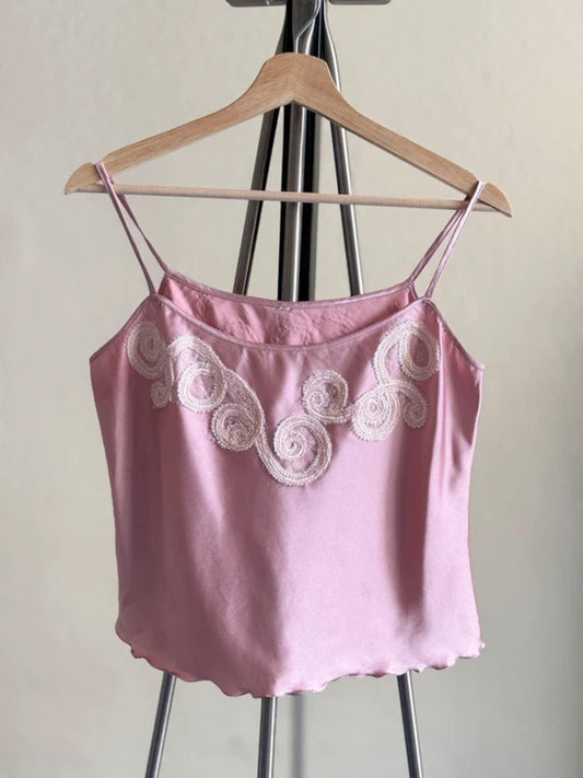 Y2K Silk Cropped Cami Top Pink Lace Embroidery Medium