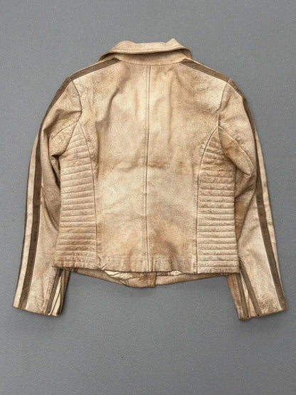 Y2K Distressed Beige Biker Jacket Leather Size 12