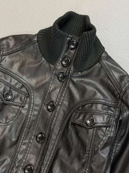 Funnel Neck Leather Jacket Medium Y2K Cropped Black