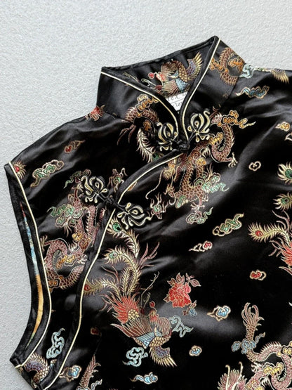 Y2K Black Dragon Phoenix Geisha Top 100% Silk Medium