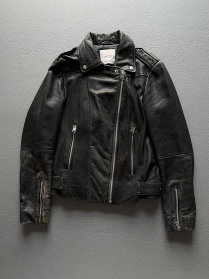 Mango Real Leather Black Biker Jacket Small