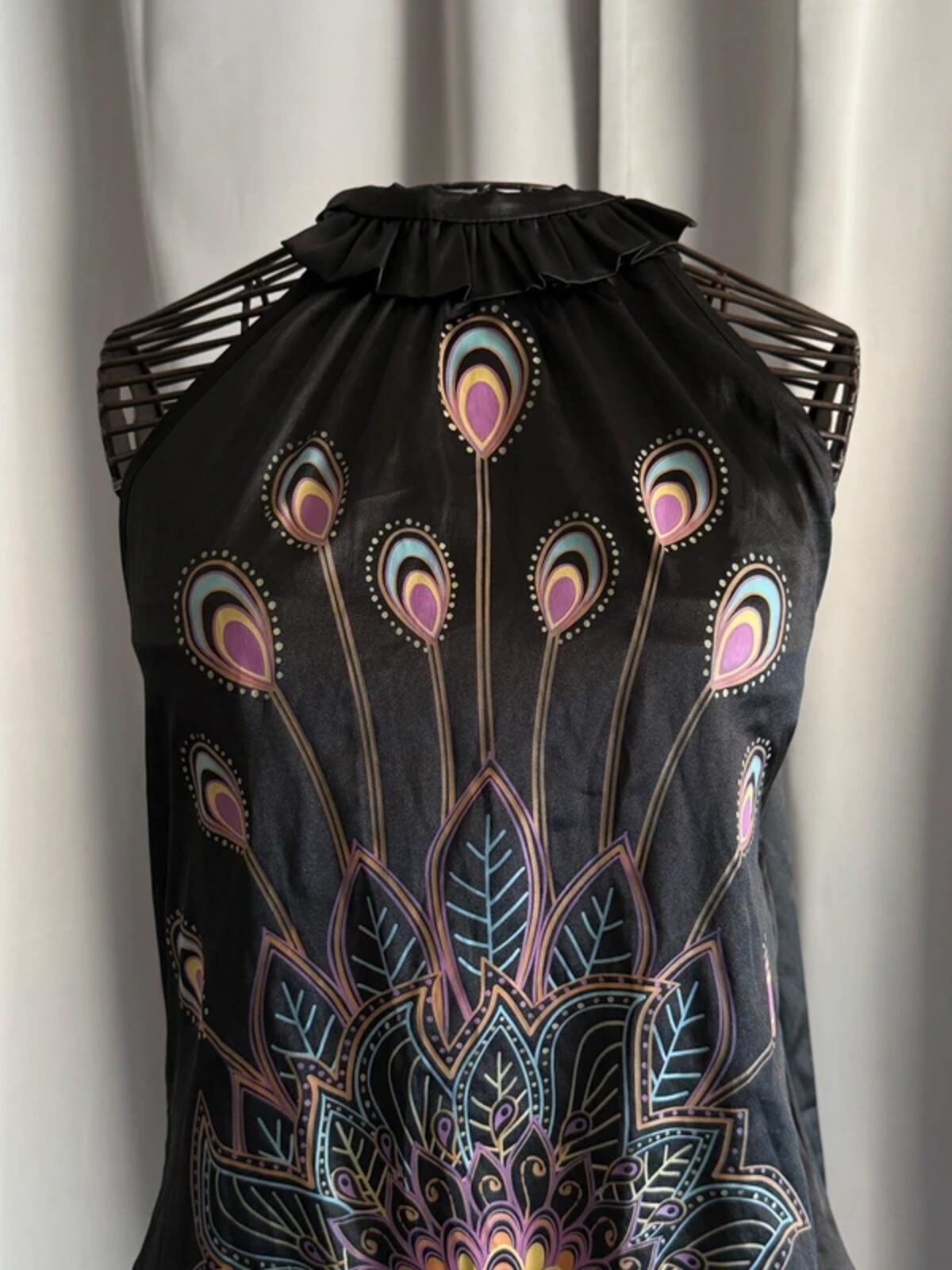 Y2K Halterneck Sleeveless Top Peacock Mandala Print Size 12