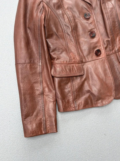 Y2K Brown Leather Blazer Size 10 Lapels