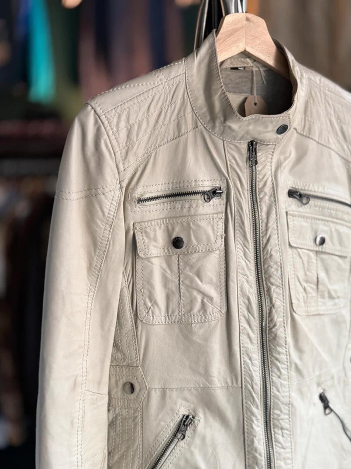 Y2K Cream Leather Bomber Biker Jacket Large