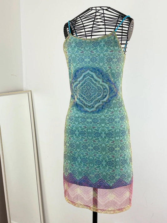 Psychedelic Rifle Y2K Mesh Strappy Fitted Dress Small