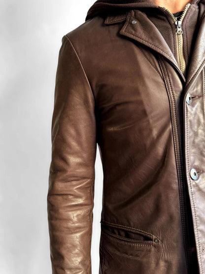 Armani Brown Leather Ladies Hooded Jacket Size 10