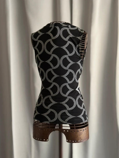 Y2K Black White Geometric Sleeveless Top Ring Detail Stretch Large