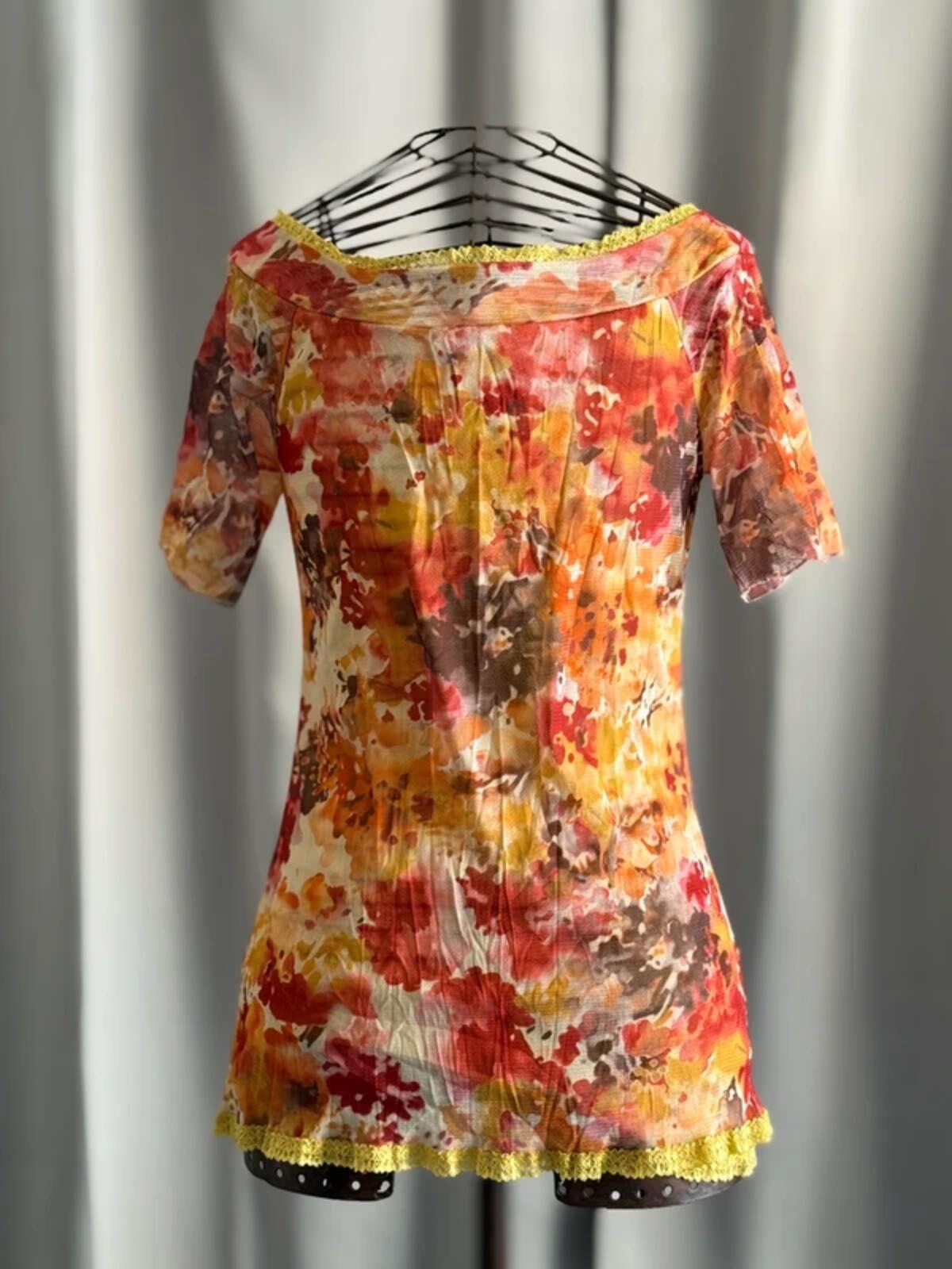 Y2K Mesh Dye Print Lace Trim Top Small 8