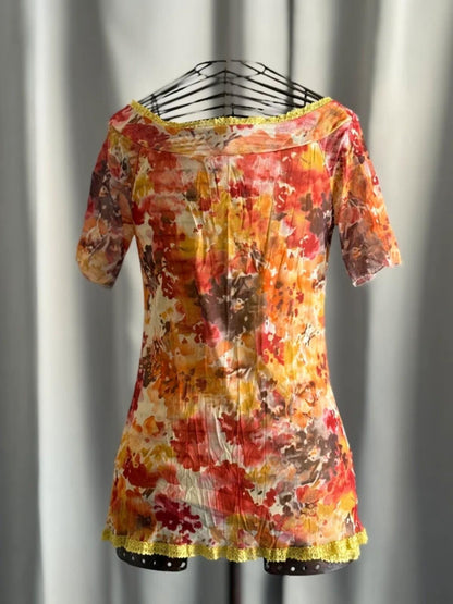 Y2K Mesh Dye Print Lace Trim Top Small 8